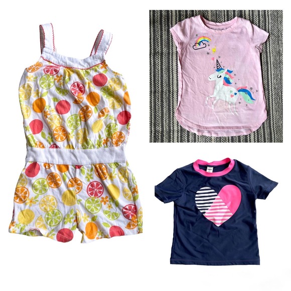 Girl 5T Summer Bundle Swim shirt Unicorn Tee shirt Citrus Romper - Picture 1 of 16